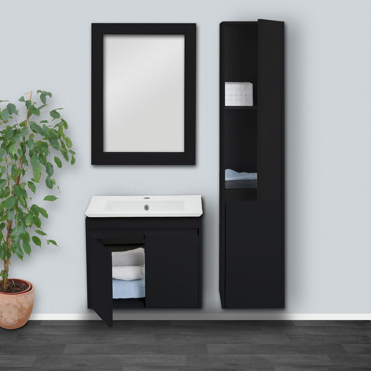BADEZIMMERSET Schwarz 4er-Set - Schwarz, Holzwerkstoff (100/160/46cm) - MCW