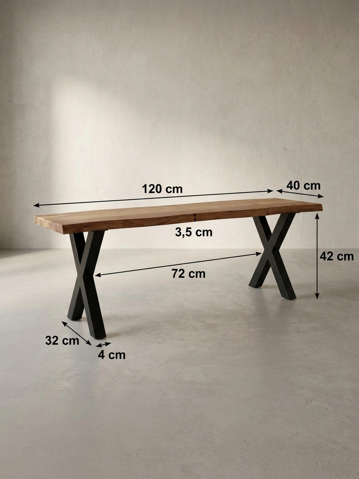 ESSZIMMERBANK Massivholz Metall Baumkante X-Beine, Akazie 120x40x46 cm - Schwarz/Braun, Holz/Metall (120/46/40cm) - KADIMA DESIGN