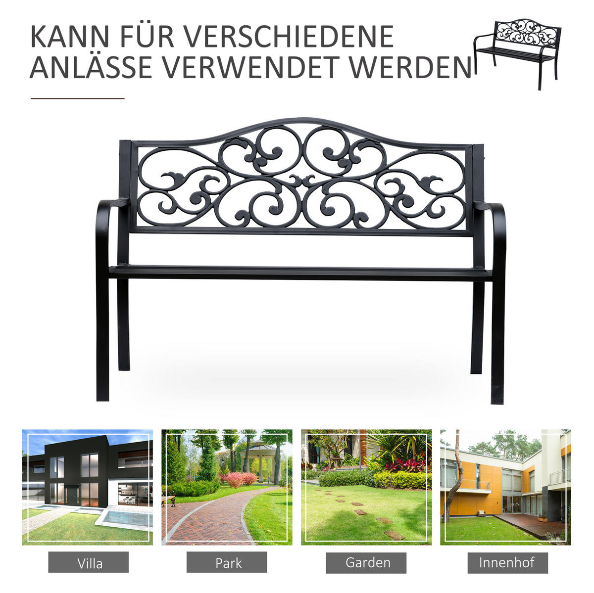 ZAHRADNÍ lavice 127/60/89 cm černá z oceli a litiny s područkami pro 3 osoby - černá, kov (60/89/127cm) - OKWISH