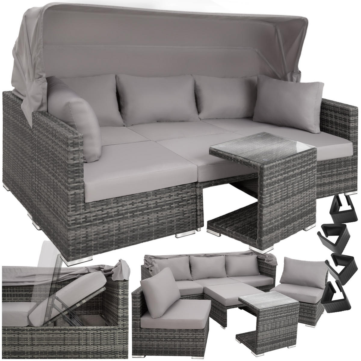 RATTANLOUNGE San Marino,mit Sicherheitsglasplatte, variabel aufstellbar,grau - Grau, Kunststoff (68/131cm) - tectake