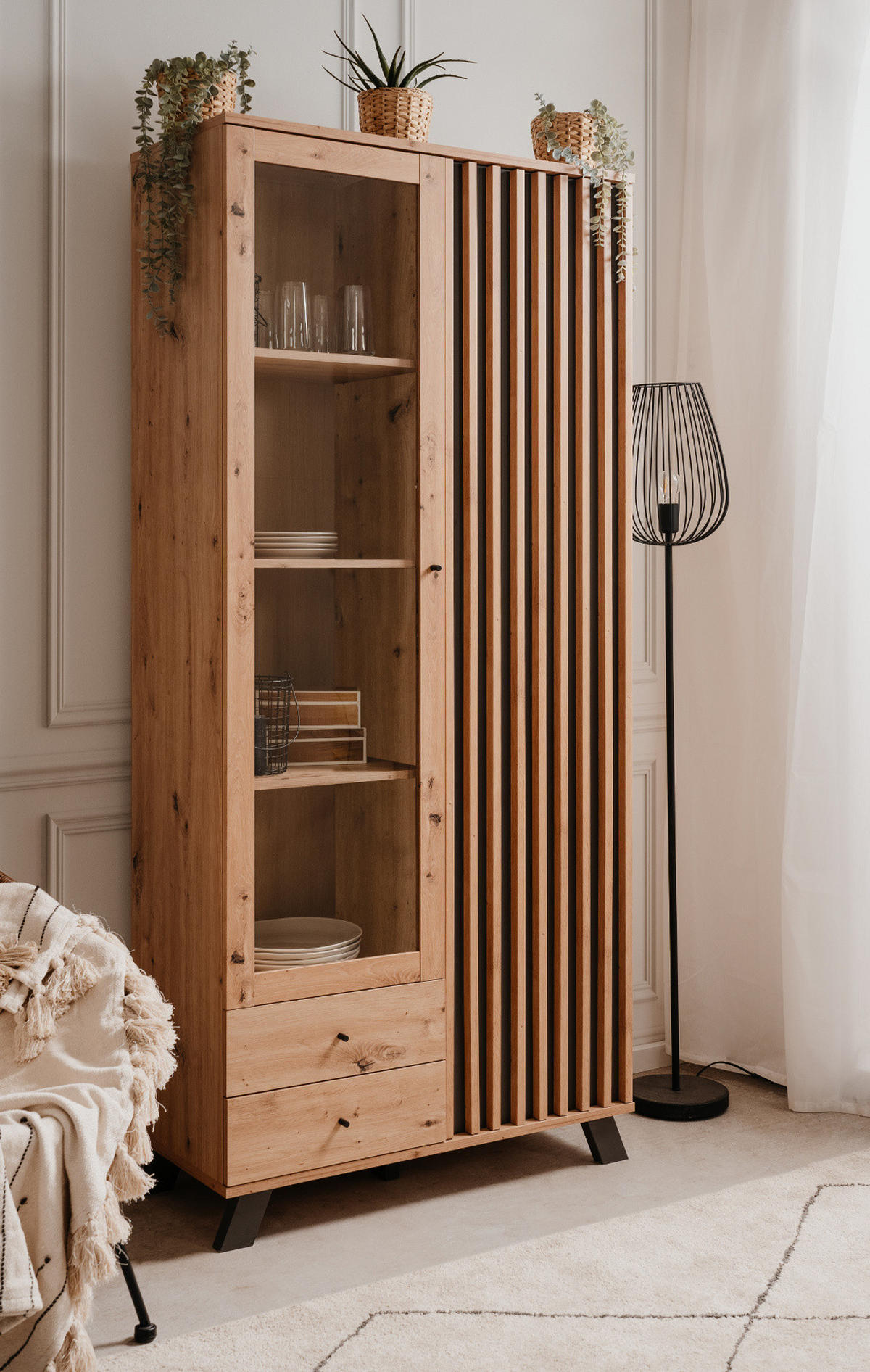 VITRINE Eiche Artisan, anthrazit 92 cm Industrial, Vitrinenschrank mit 3D-Lamellen - Anthrazit/Schwarz, Glas/Holzwerkstoff (92/199/40cm) - Furn.Design