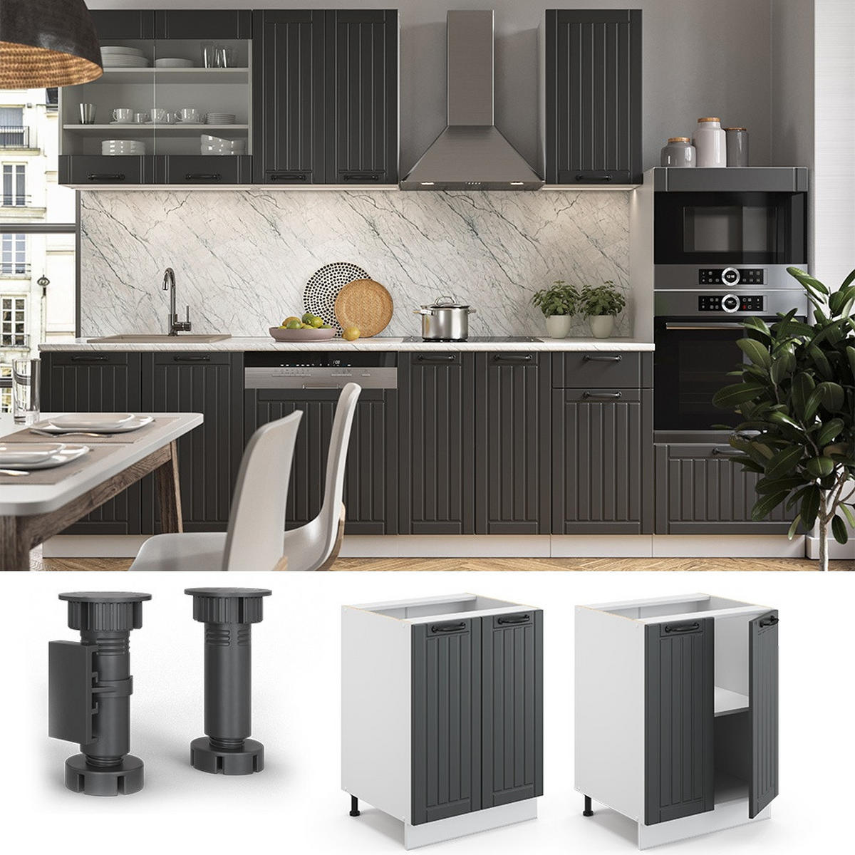 KÜCHENUNTERSCHRANK Fame-Line Anthrazit Landhaus 60 cm , AP Anthrazit - Dunkelgrau/Weiß, Holzwerkstoff (60/82/60cm) - Vicco