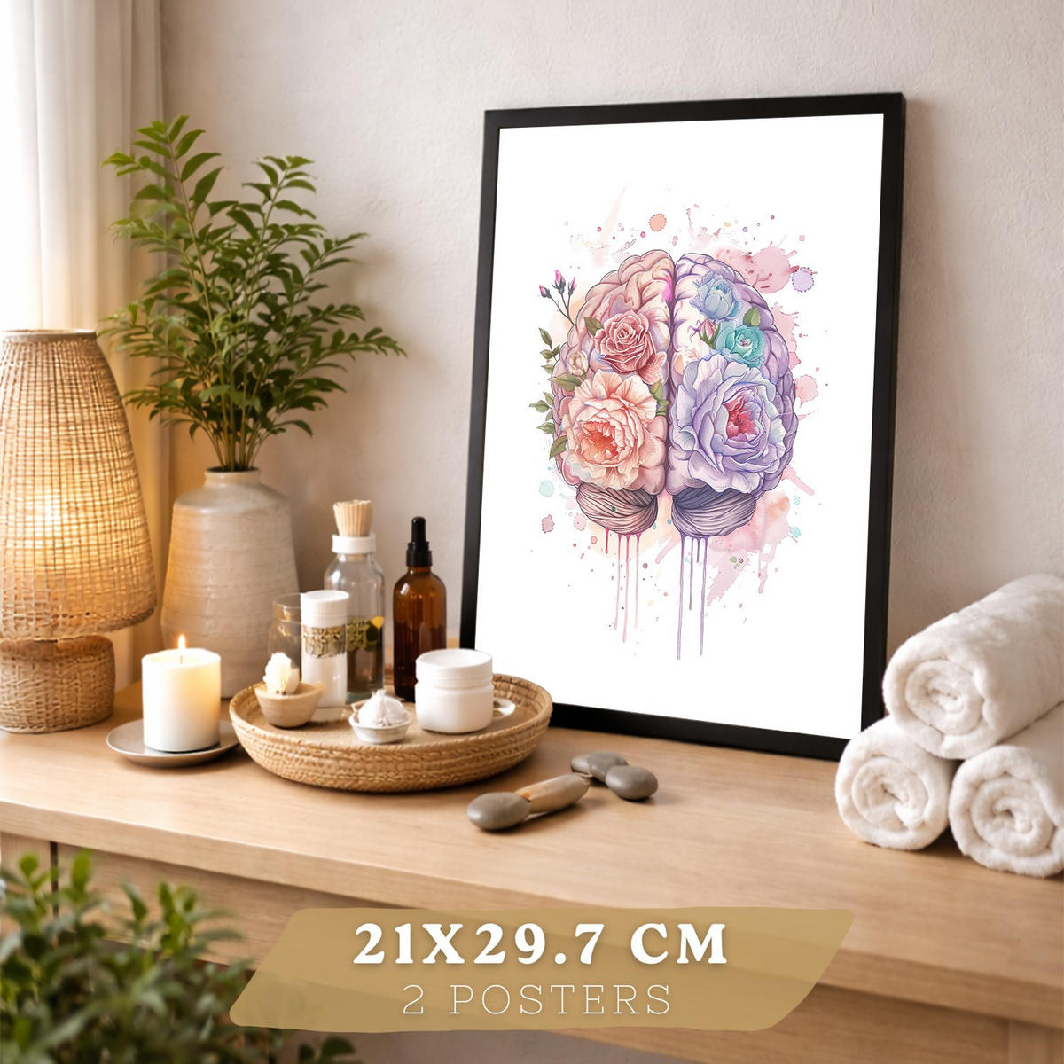 POSTER Set aus 2 Anatomie Mensch Drucke und mit Lungen Luftröhre Bronchien und Gehirn Pastellfarbenes Florales Aquarell Größe Schwarzer Rahmen A4 - Schwarz, Papier (21/29.7/3cm) - Nacnic