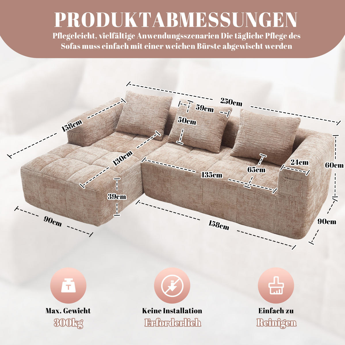 ECKSOFA Chenille Khaki mit Kissen und Seitentaschen - Hellbraun, Textil (250/158cm) - WISHDOR
