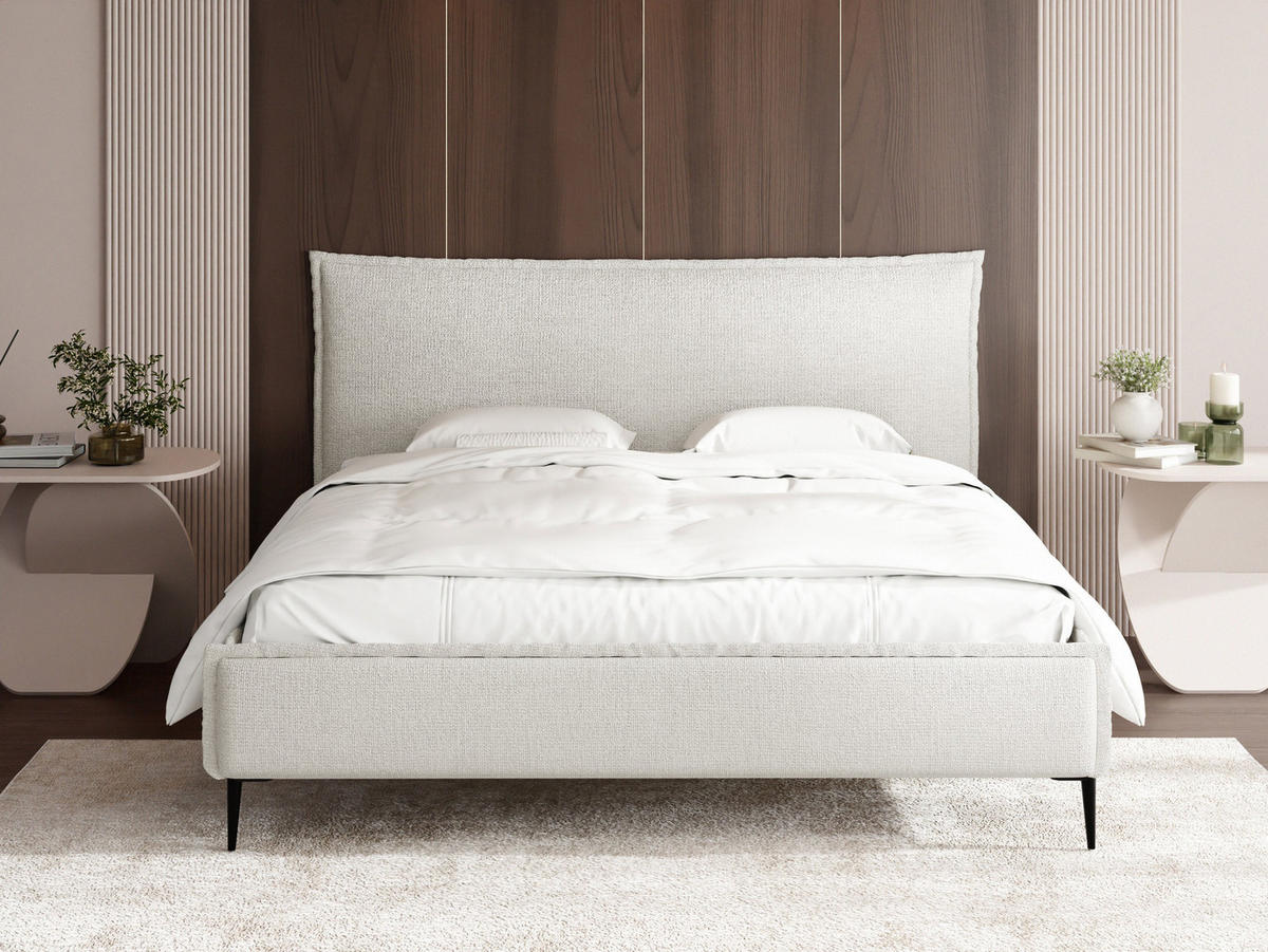 POLSTERBETT Pillow Rise mit Bettkasten, Lattenrost & hohen Metallfüßen in Weiß Chenille 120x200 cm - Birkefarben/Schwarz, Holz/Holzwerkstoff (120/200cm) - WFL GROUP