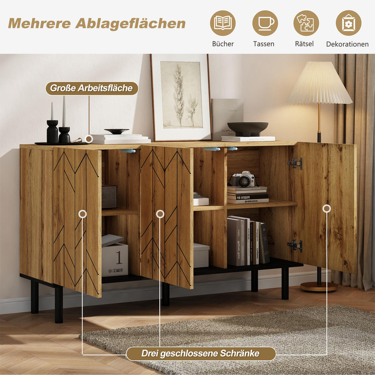 SIDEBOARD 120cm 3 Türen Wellenmuster Naturholz Metallbeine - Naturfarben, Holzwerkstoff (120/70/35cm) - FLIEKS