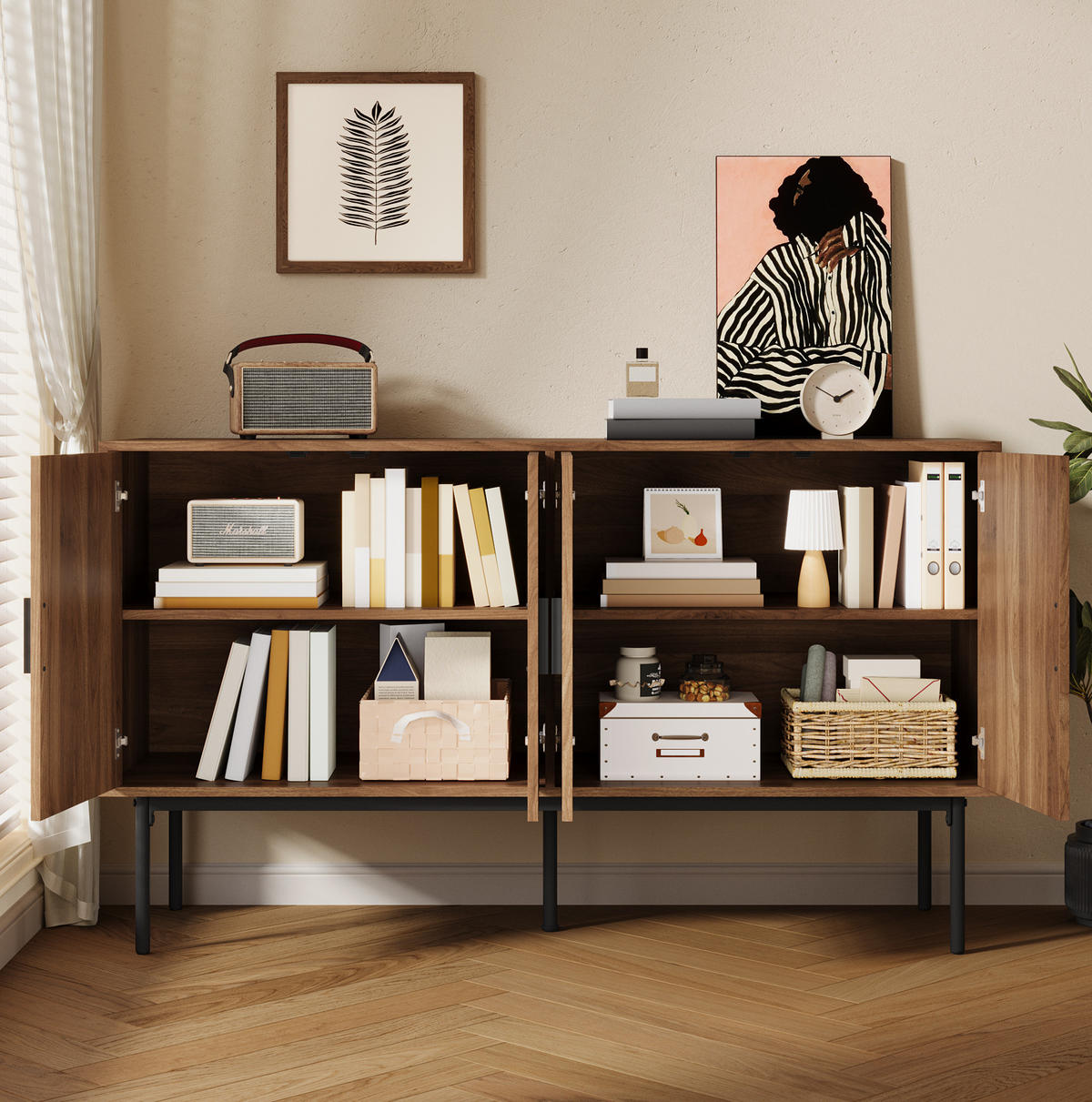 KOMMODE aus MDF 140x40x80cm in Natur mit Rattan-Optik - Naturfarben, Holzwerkstoff (140/80/40cm) - Modfu