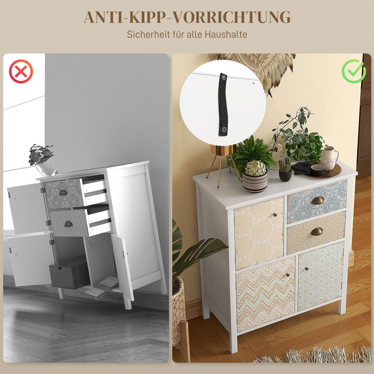 KOMMODE Aufbewahrungsschrank mit 2 Schubladen, 3 Schrankfächern, Weiß - Weiß, Holz (34/80/68cm) - HOMCOM