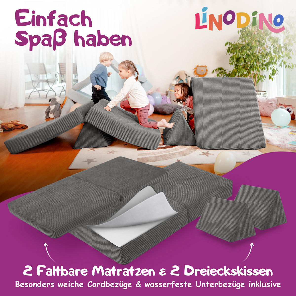 KINDERSOFA Spielparadies - Dunkelgrau, Textil (66/52/150cm) - Linodino