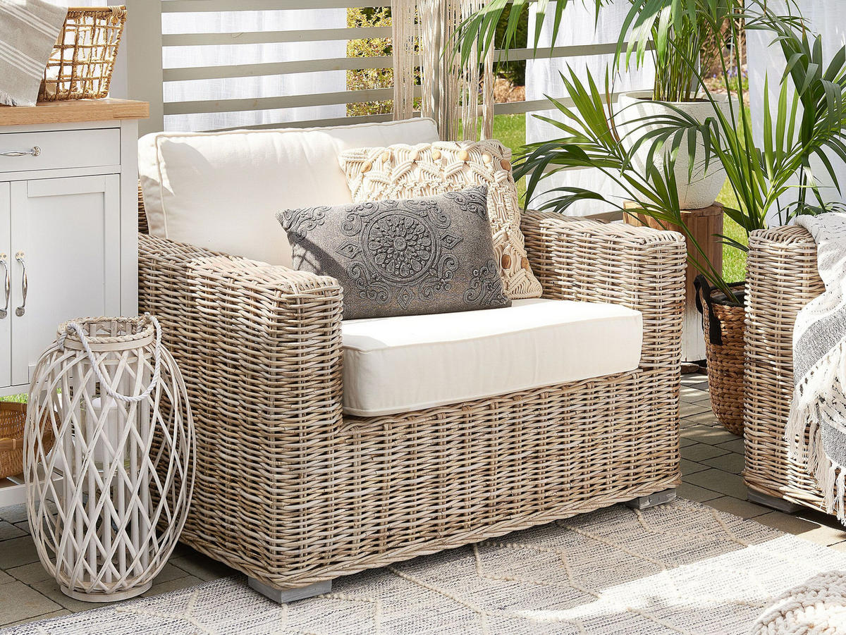 GARTENSESSEL Rattan natürlich Auflagen cremeweiß Ardea - Creme/Naturfarben, Naturmaterialen (112/70/90cm) - Beliani