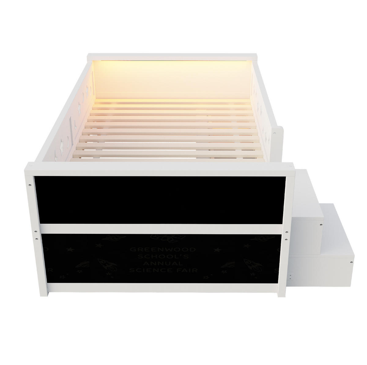 KINDERBETT Holz 90x200 cm Weiß mit LED, Tafel, 4 Schubladen und Sicherheitsgitter - Weiß, Holz (90/200cm) - Modfu