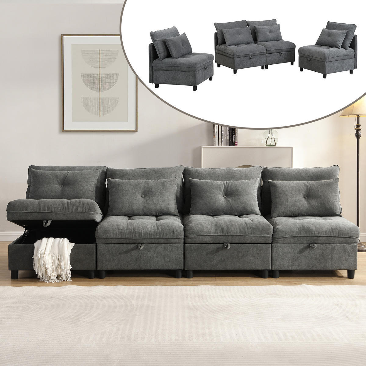4-SITZER SCHLAFSOFA Chenille Antique Gray mit Stauraum und Schlaffunktion - Grau, Holzwerkstoff/Kunststoff (274/87/76cm) - WISHDOR