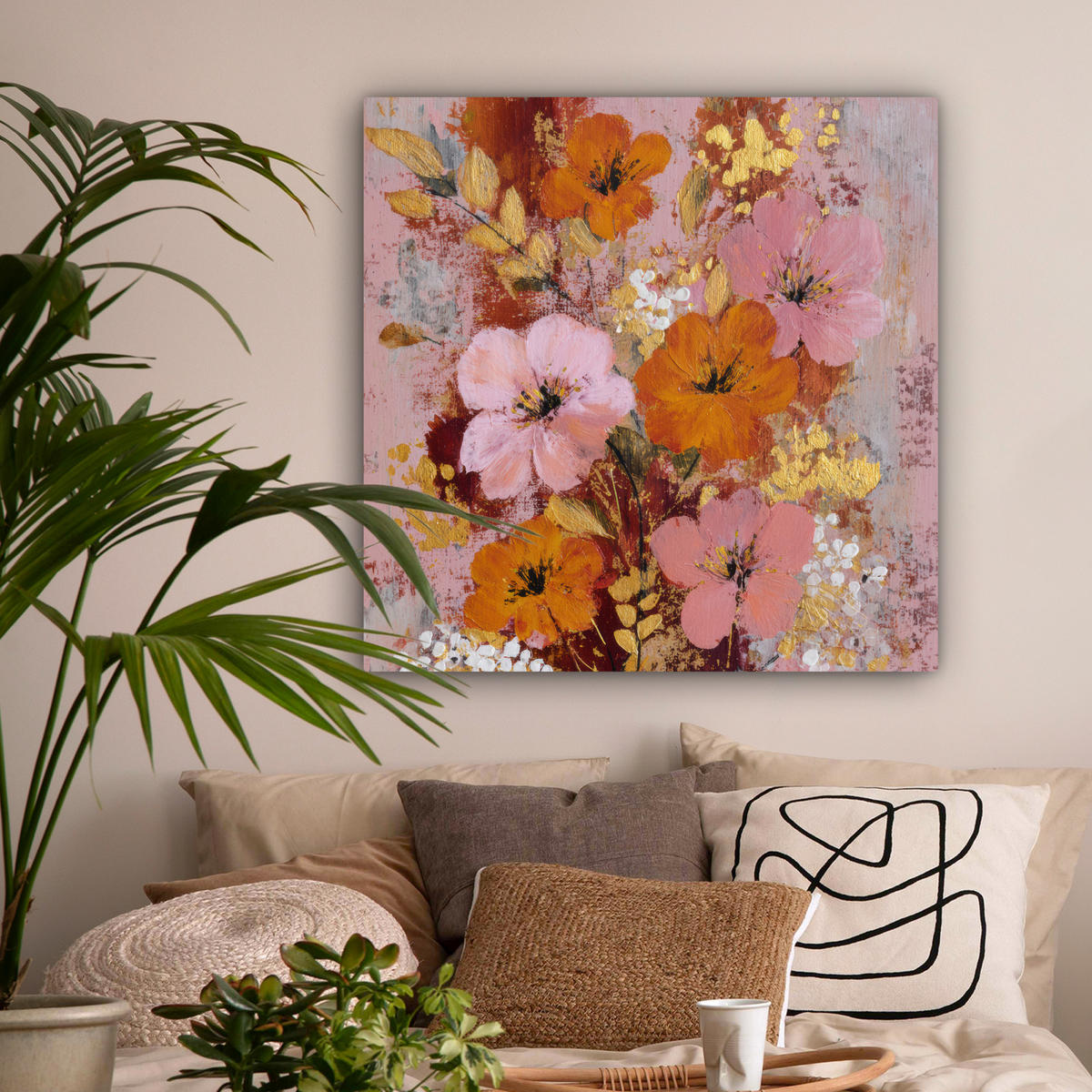 LEINWANDBILD Malerei - Blumen - Rustikal - Rosa Deko Groß 90x90 cm - Altrosa, Textil (90/90cm) - MuchoWow