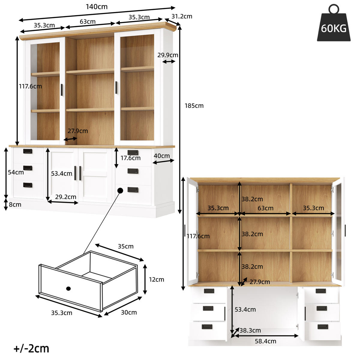 KÜCHENSCHRANK 140x185Cm 6 Schubladen Glastüren - Weiß, Holzwerkstoff (140/185/40cm) - FLIEKS