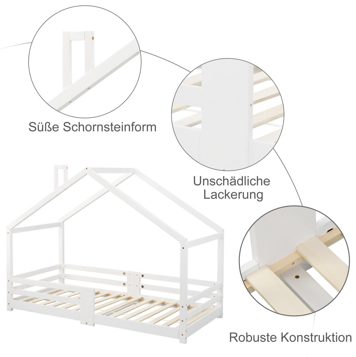 HAUSBETT 90/200 cm Weiß aus Massivholz mit Rausfallschutz und Schornstein - Weiß, Holz (90/200cm) - Flora Grace