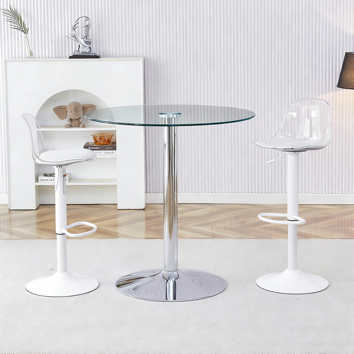 BARTISCH-SET DE-39347 3-teilig, Glastisch und 2 Hocker Weiß/Silber - Silberfarben/Weiß, Metall (89/92/89cm) - ComfortXL
