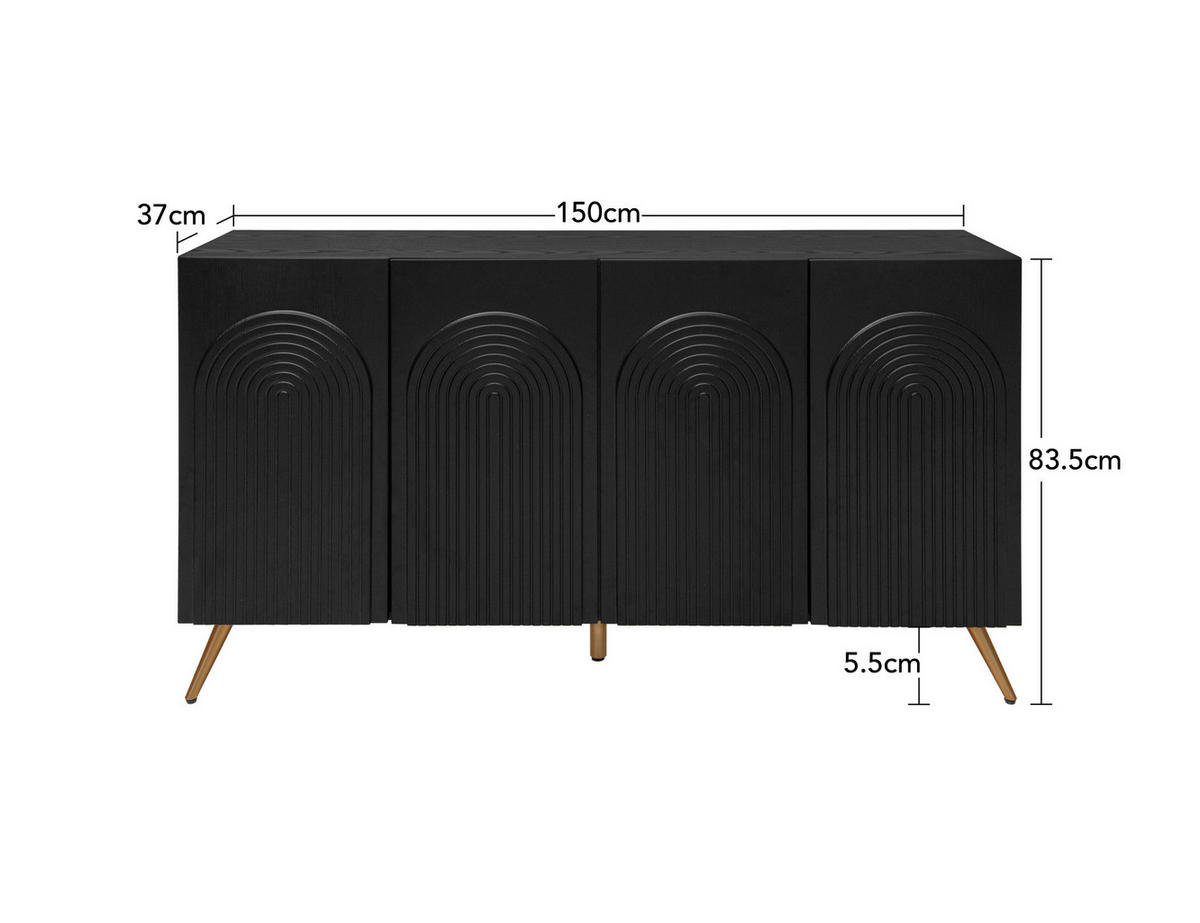 SIDEBOARD in Schwarz im Mid-Century-Stil mit 3D-Rillen & verstellbaren Einlegeböden - Schwarz, Holzwerkstoff (150/83/38cm) - BEAOK