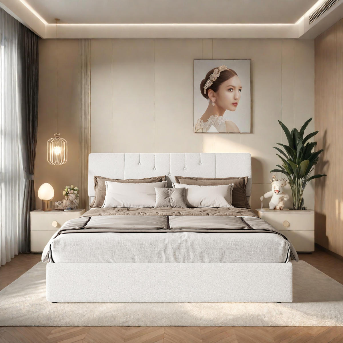 POLSTERBETT 140x190 cm Creme Teddy USB Bettkasten - Beige, Holz (140/190cm) - SHOPENTRA