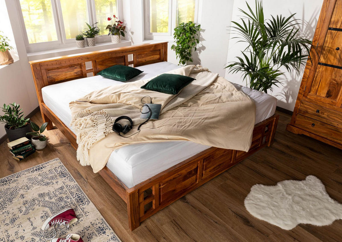 BETT Massivholz Akazie 200 x 200 x 90 hellbraun OXFORD #0254 - Braun, Holz (200/200cm) - Massivmoebel24