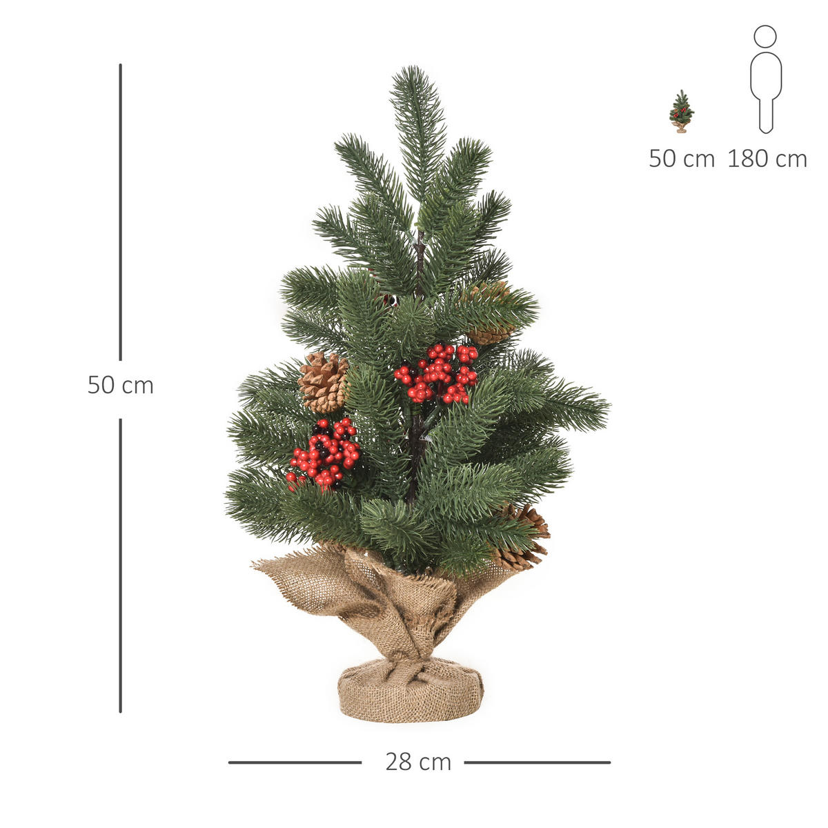 WEIHNACHTSBAUM, 50 cm, PE, Zement, Sackleinen, Grün - Grün, Kunststoff (50cm) - HOMCOM