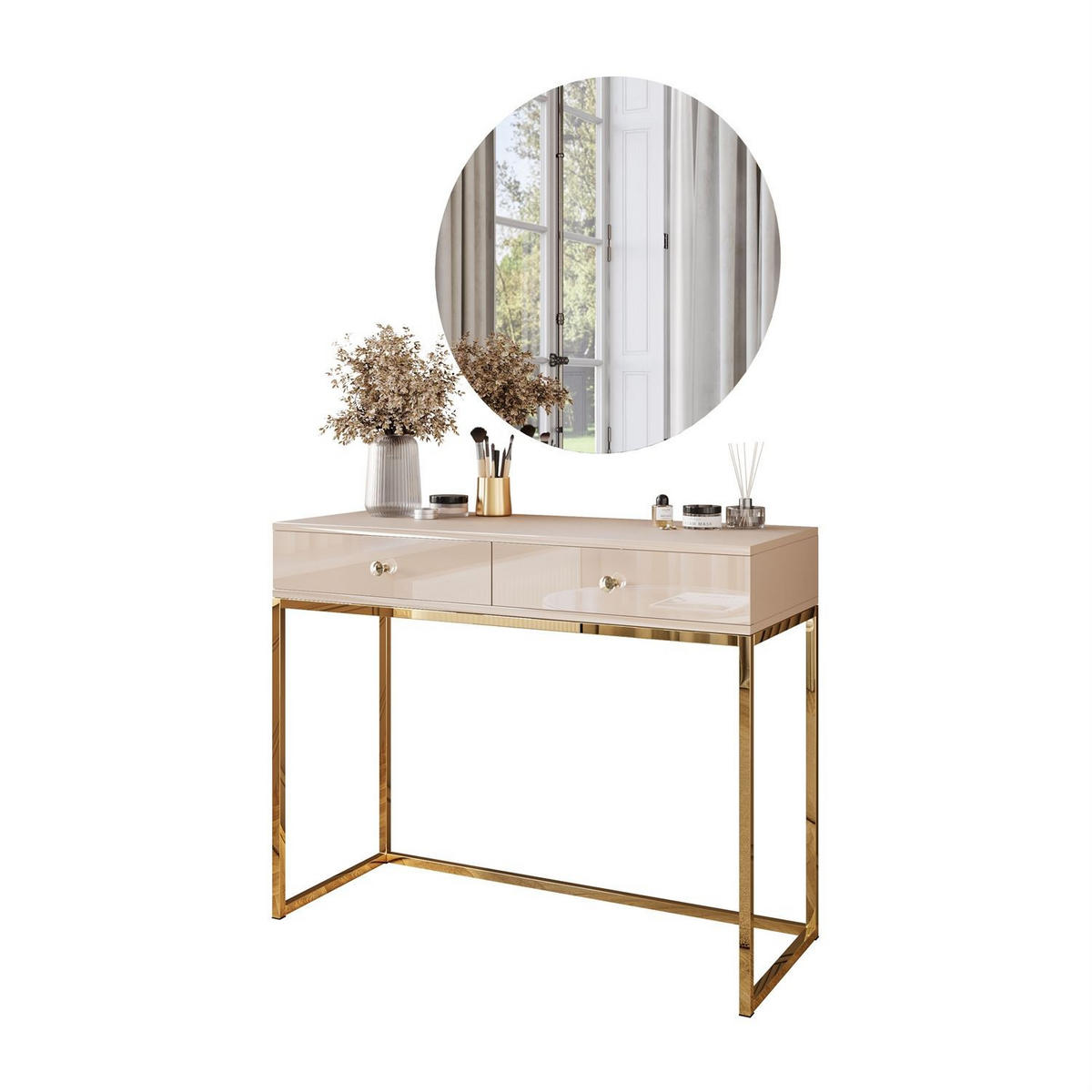 SCHMINKTISCH Blanco Glamour auf goldchrom Gestell mit LED-Spiegel Kristallgriff - Kaschmir, Holzwerkstoff (100/81/42cm) - Lookway