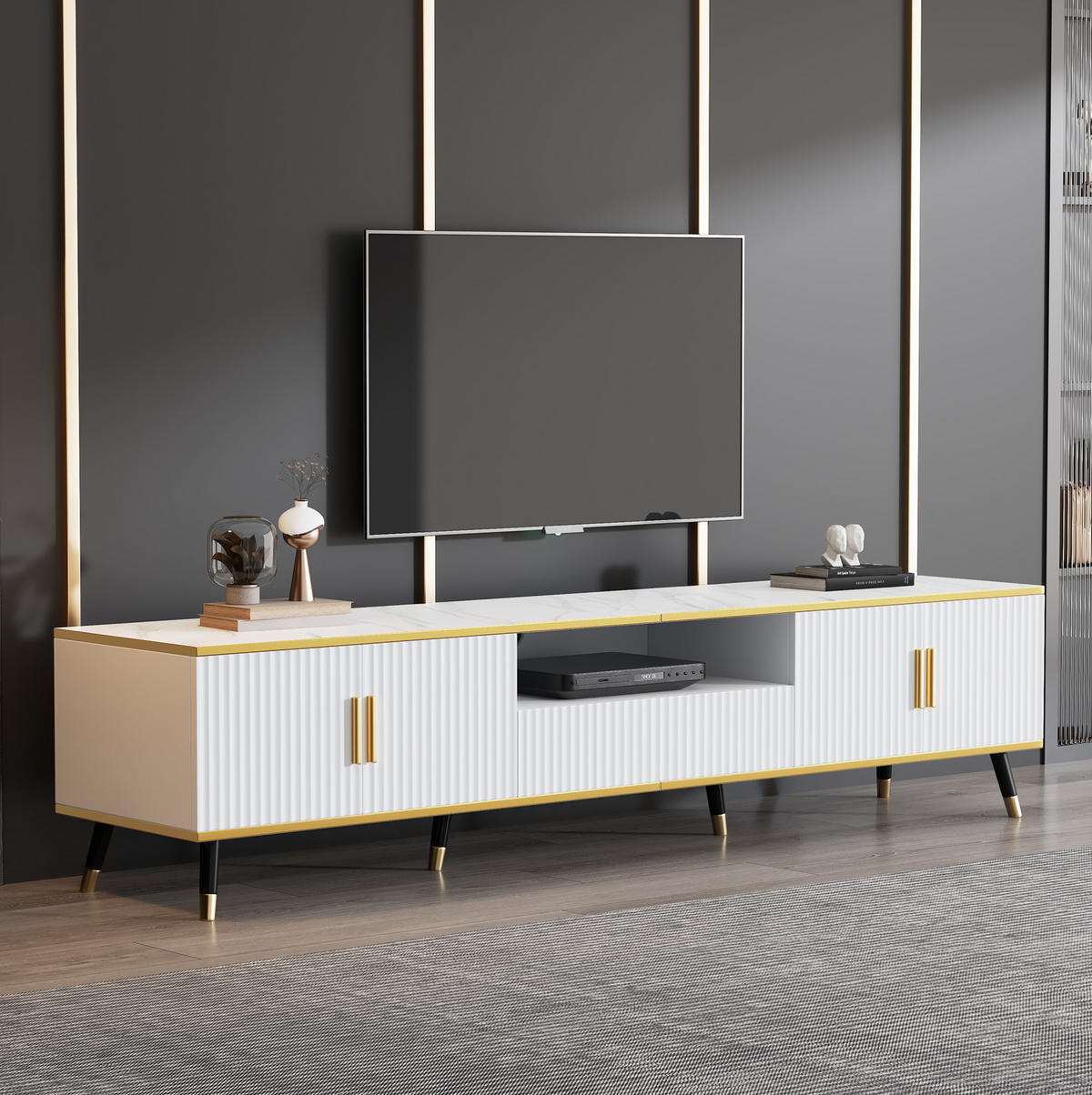 TV-SCHRANK in Weiß mit Marmoroptik, 2 Türen und Schublade 200/40/46 cm - Weiß, Holzwerkstoff (200/46/40cm) - Redom