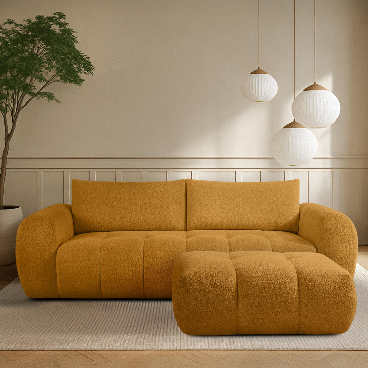 POUF LIRA, Honigfarben, Bouclé - Honig, Holz/Holzwerkstoff (96/43/50cm) - KONSIMO®