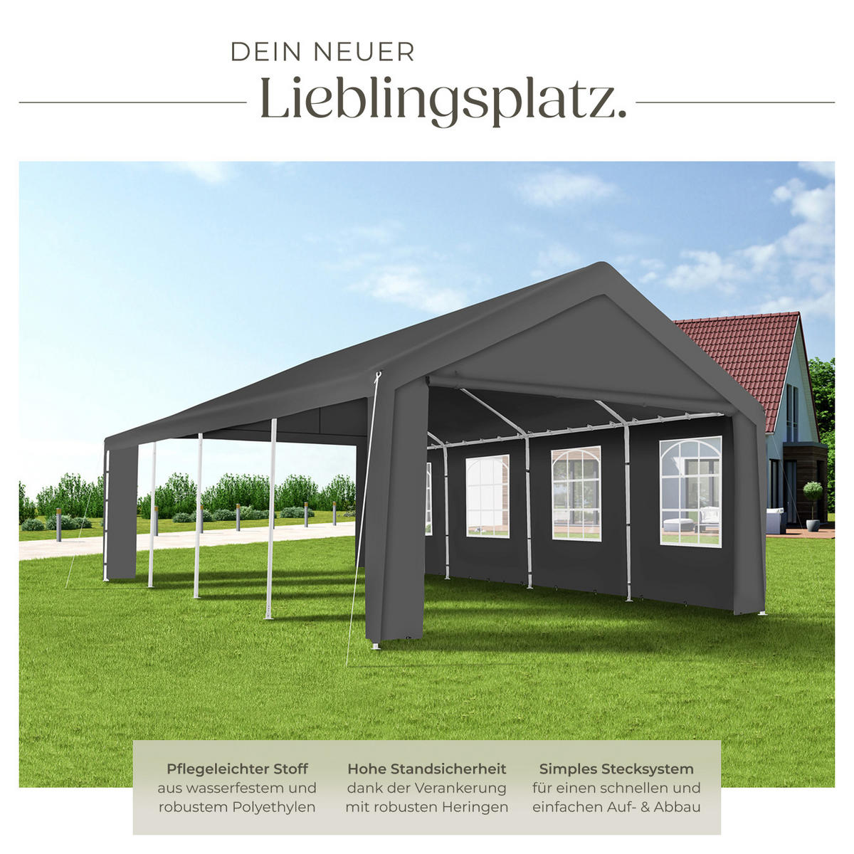 PARTYZELT Mammut,inklusive Spannseilen und Heringen,grau - Grau, Kunststoff (400/315/800cm) - tectake
