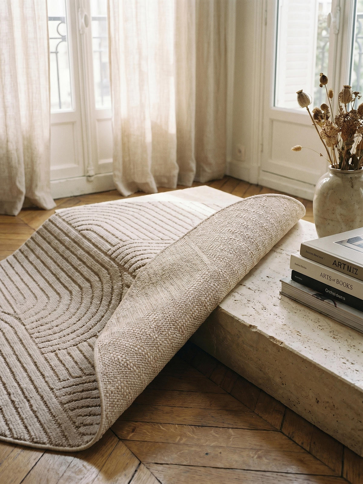 TEPPICH Flachgewebe LANGAU in Beige, mit geometrischen Bögen, Ø 80 cm - Beige, Textil (80/80cm) - KADIMA DESIGN