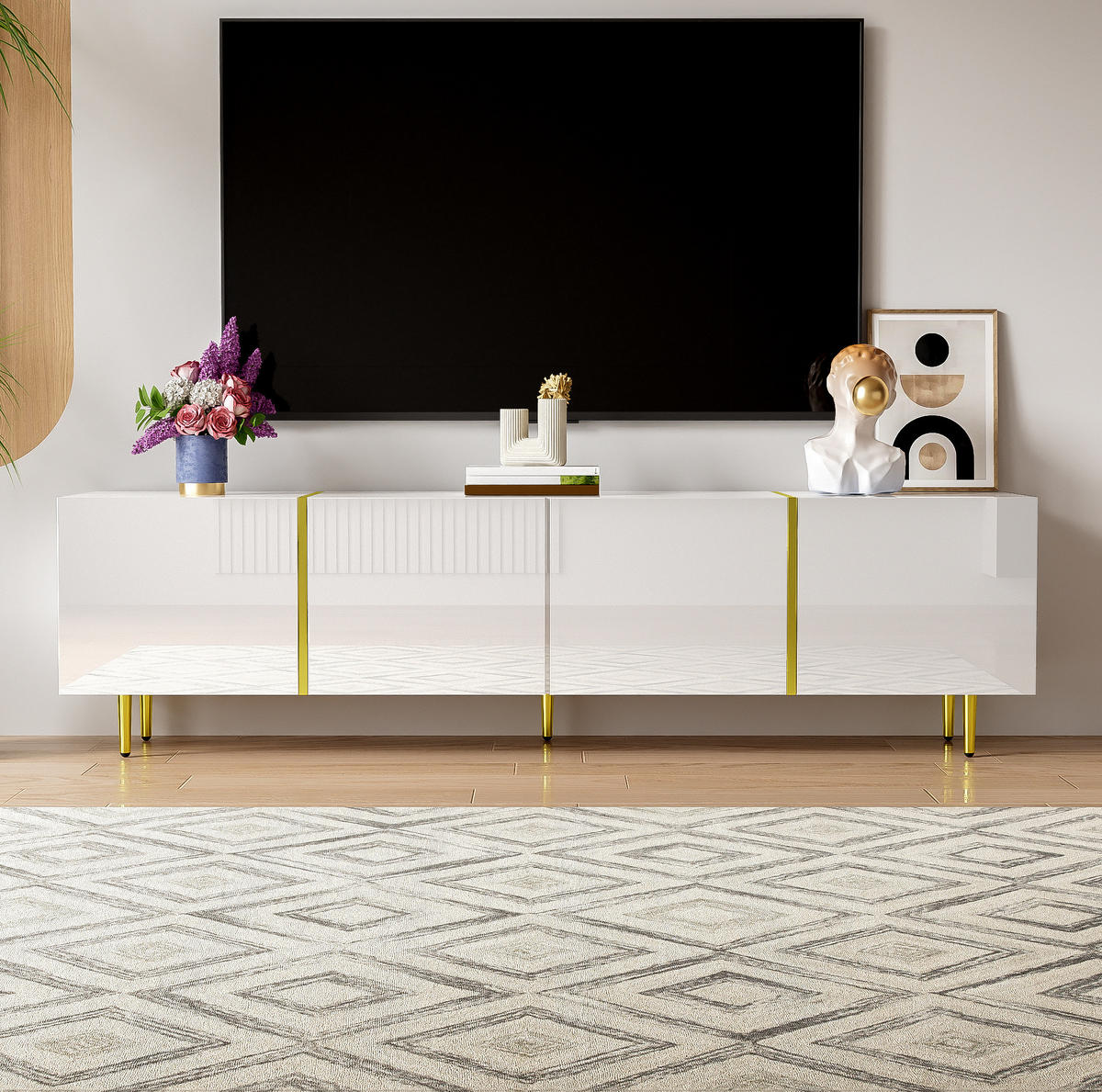 TV ormarić 170/35/46 cm bijeli od MDF-a s 4 vrata i mekim zatvaranjem - bijela, drvni materijal (170/46/35cm) - OKWISH
