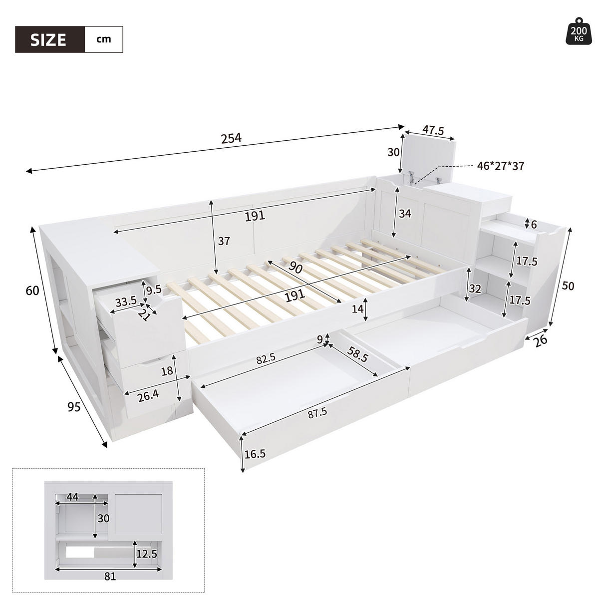 DETSKÁ posteľ 90/190 cm biela s úložným priestorom a zásuvkami z MDF - biela, kompozitné drevo (90/190cm) - OKWISH