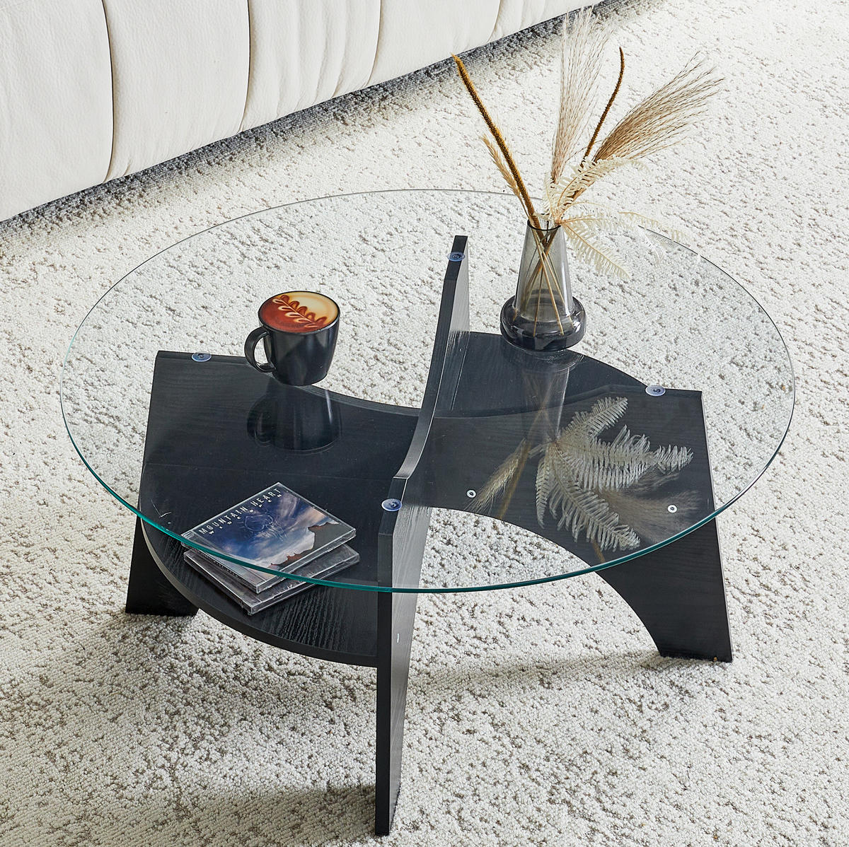BEISTELLTISCH aus MDF und Glas 80x80x36 cm Schwarz/Transparent mit Sicherheitsglas und fächerförmigem Gestell - Schwarz, Holzwerkstoff (80/80/36cm) - Modfu