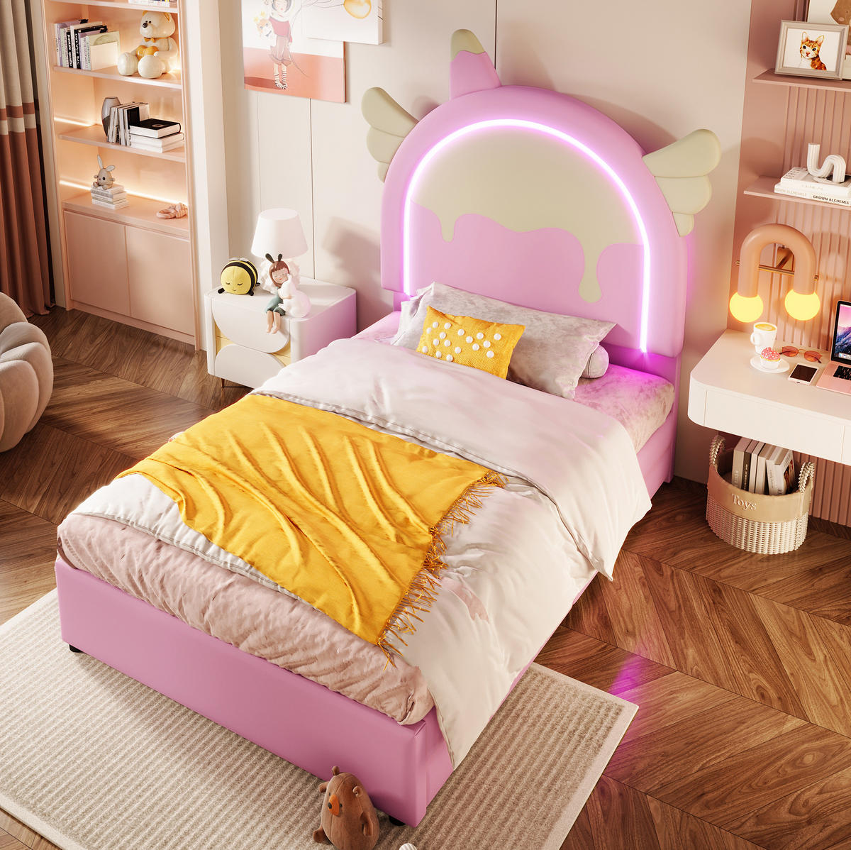POLSTERBETT Einhornform 90/200 cm, Pink, mit Leuchtleiste, 2 Schubladen, ohne Matratze - Pink, Kunststoff (90/200cm) - MIVRAY