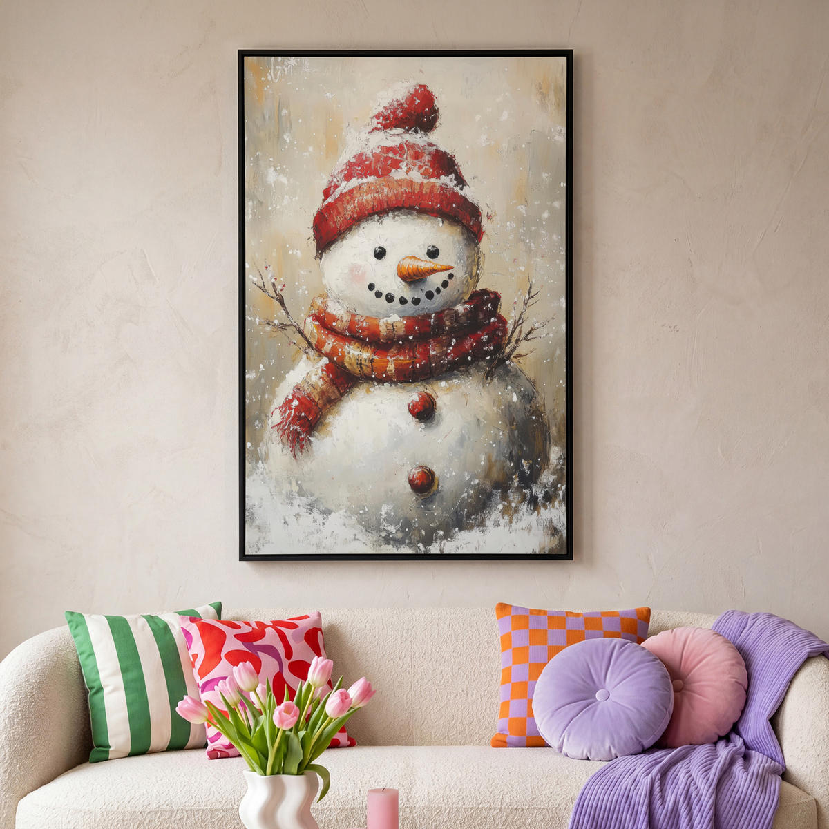 LEINWAND Bilder mit Rahmen - Schneemann - Winter - Schnee - Beige - 100x150 - Weiß, Textil (100/150cm) - MuchoWow