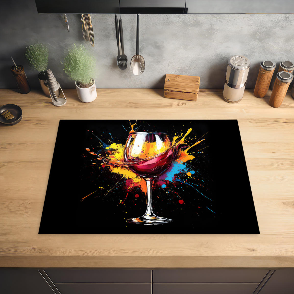 HERABDECKPLATTE - Wein - Glas - Graffiti - Getränk - Rot - Farbe - 65x50 - Weinrot, Kunststoff (65/50/0.2cm) - MuchoWow