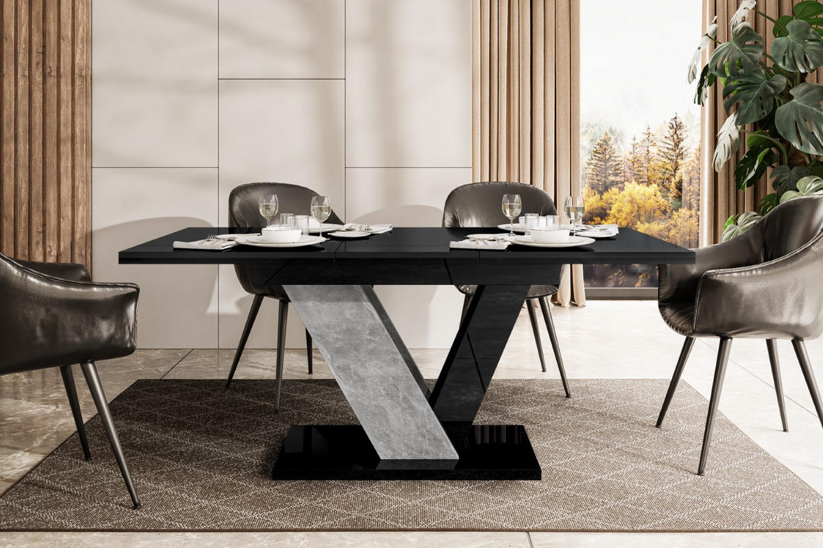 ESSTISCH ausziehbar 120 -160x80x75 cm - Black Gloss / Stone - CLASI - Schwarz Hochglanz/Grau, Holzwerkstoff (120/80/75cm) - ALTDECOR