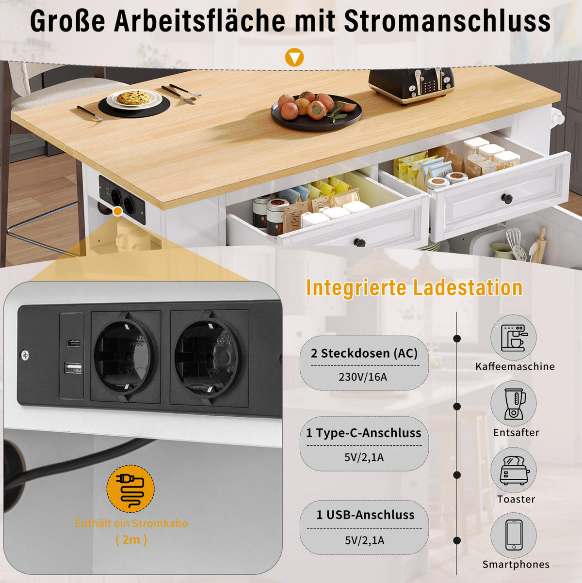 KÜCHENINSEL mit Klapptisch 120 x 40-70 x 92 cm Weiß Natur - Weiß, Holz (70/92/120cm) - Beauniv