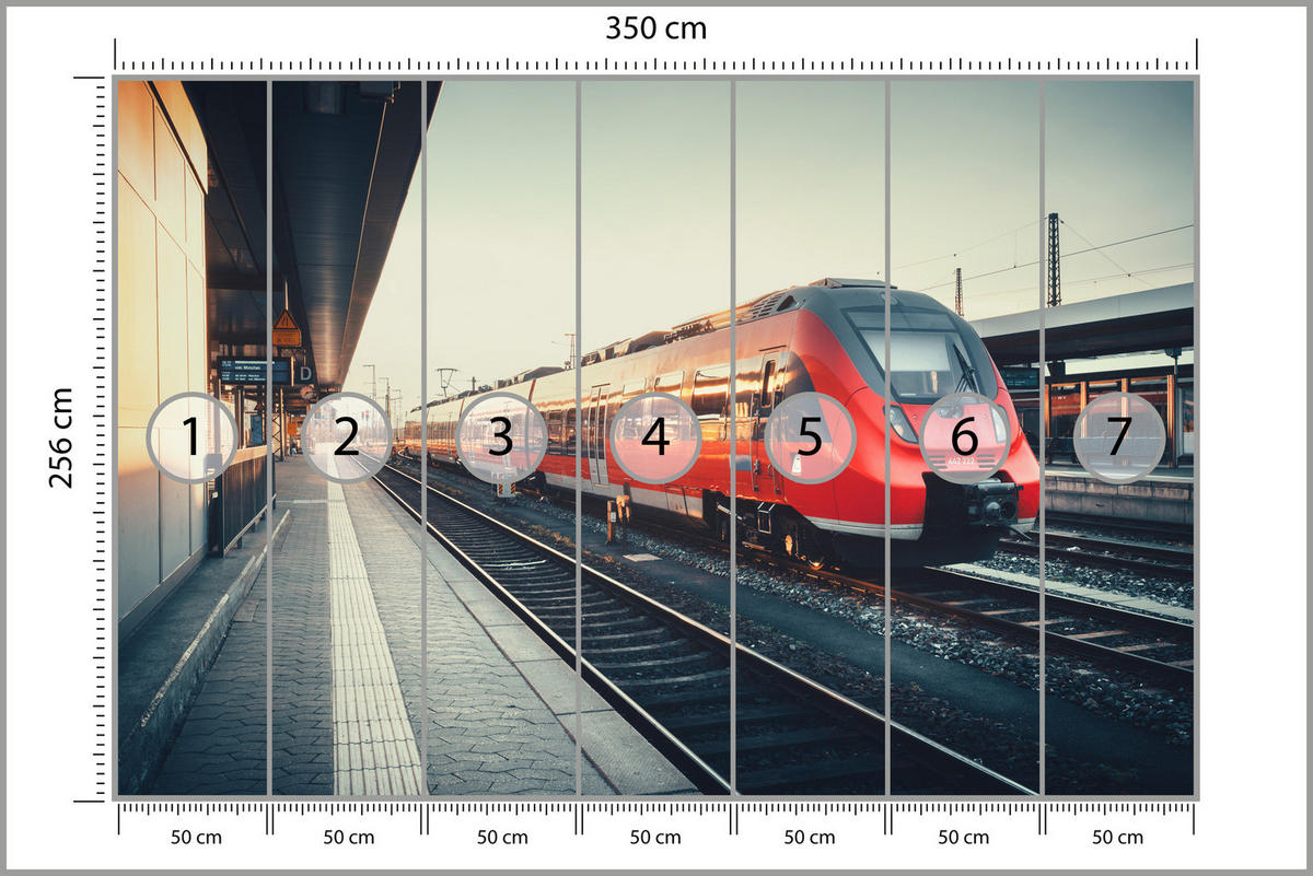 FOTOTAPETE für Wohnzimmer Moderner Roter Zug Bahnhof Geleise 350x256 - Rot/Braun, Papier (350/256cm) - Muralo
