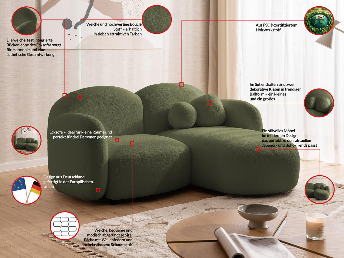 ECKSOFA Nuvola mit abgerundetem Design Grün Bouclé-Stoff - Ottomane Rechts - Schwarz/Grün, Holz/Kunststoff (190/146cm) - S-Style Möbel
