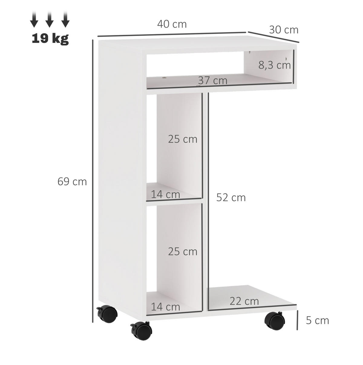 BEISTELLTISCH C-förmig mit 3 Fächern und Rollen 40 x 30 x 69 cm Weiß - Weiß, Metall (40/30/69cm) - Meubliv
