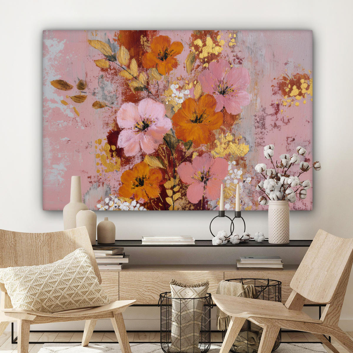 LEINWANDBILD Malerei - Blumen - Rustikal - Rosa Groß 140x90 cm - Altrosa, Textil (140/90cm) - MuchoWow