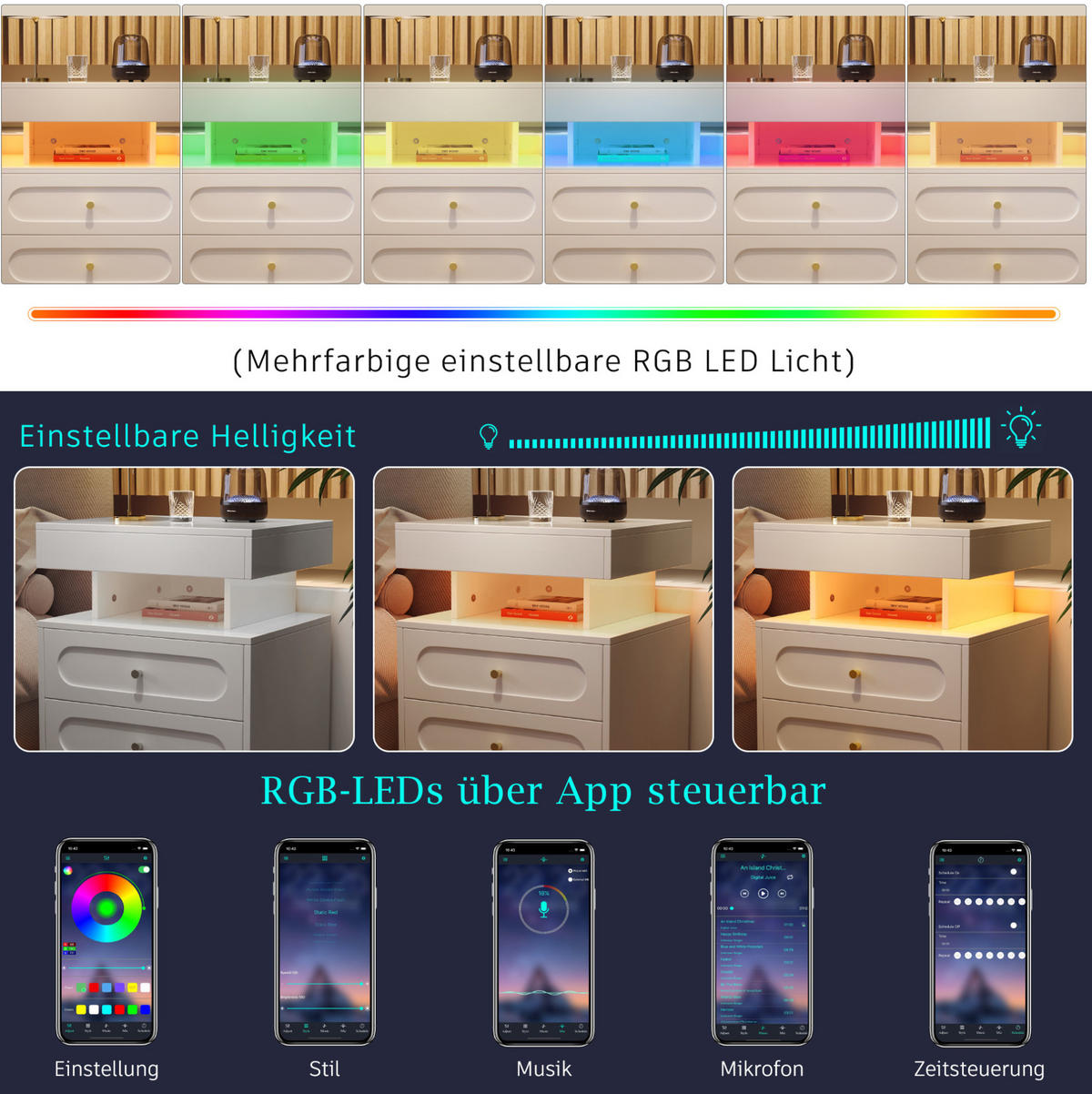 NOČNÍ stolek 100/40/60 cm bílý z dřevotřísky s LED osvětlením a 2 zásuvkami - bílá, kompozitní dřevo (100/60/40cm) - OKWISH