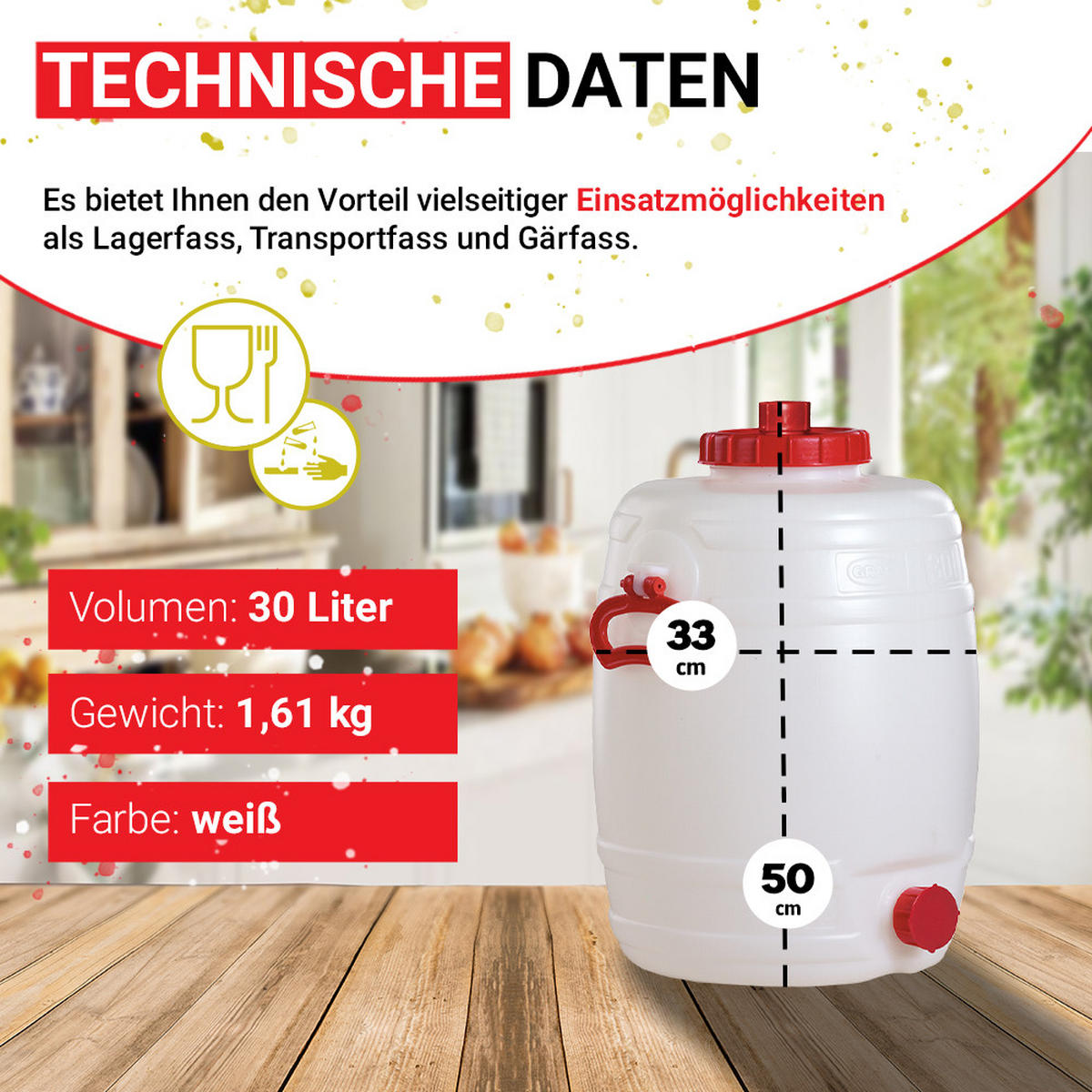 UNIVERSAL-FASS 30 L rund aus lebensmittelechten PE - Weiß, Kunststoff (33/46/33cm) - GRAF