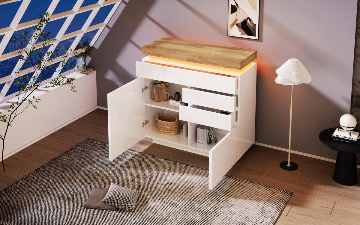 KOMMODE, Hochglanz, 3 Schubladen & 2 Türen, LED-App-Steuerung, 110x39x115 cm, Weiß - Weiß, Holzwerkstoff (39/115/110cm) - Modfu
