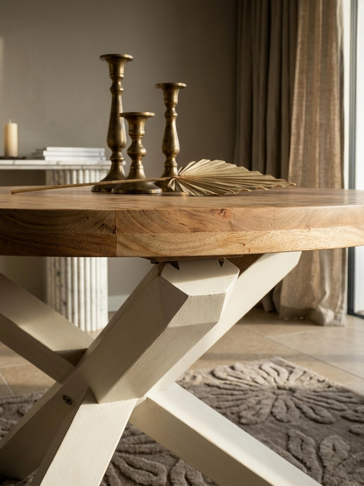 ESSTISCH Massivholz Rund Kreuzbeine Handgefertigt TEKO, Beige 120x120x75 cm - Beige/Weiß, Holz (120/120/75cm) - KADIMA DESIGN