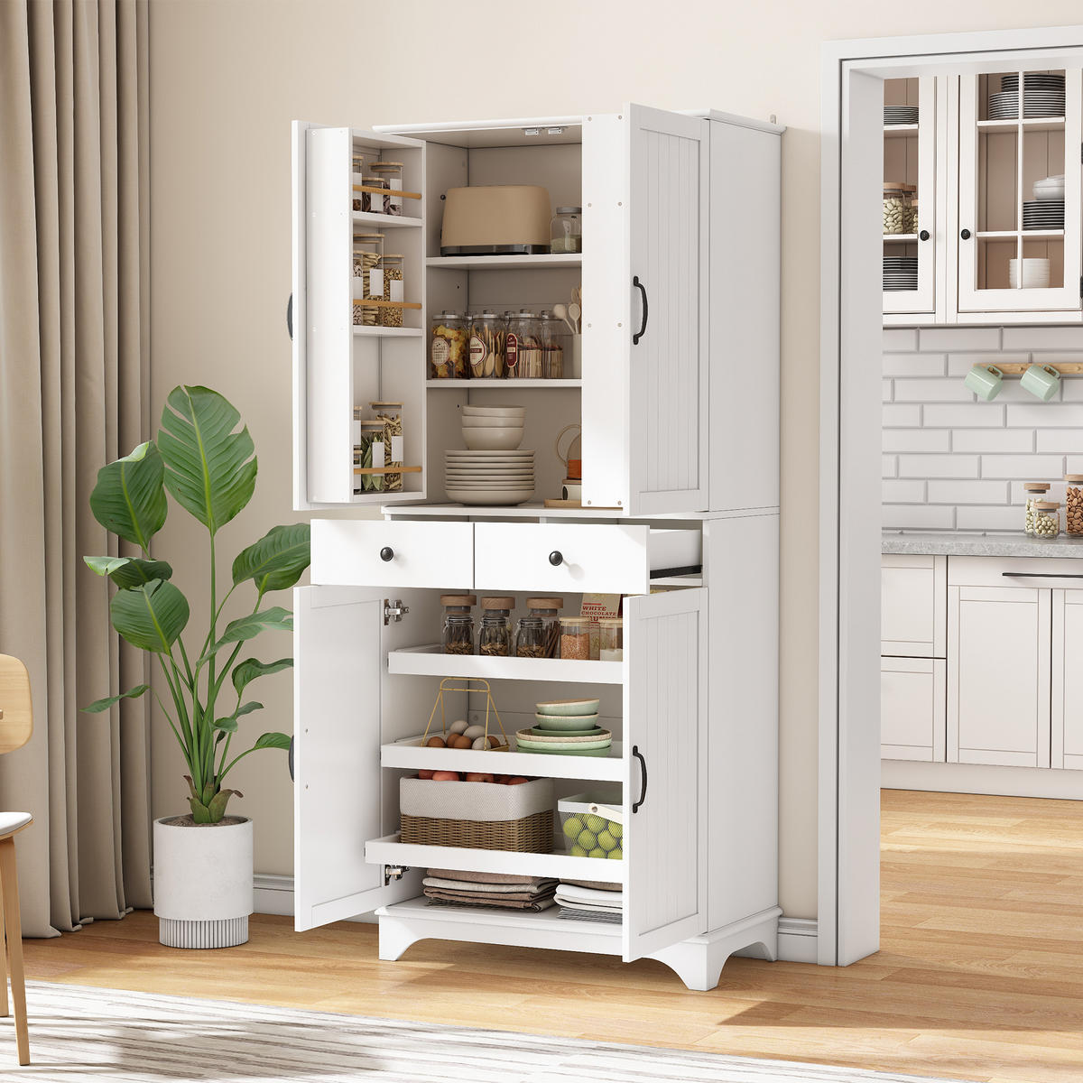BUFFET Vorratsschrank mit verstellbaren Böden, Schubladen & Auszug, Holzoptik vertikal, modernes Stauraumsystem - Weiß, Holzwerkstoff/Metall (77/181/40cm) - EVRYAE