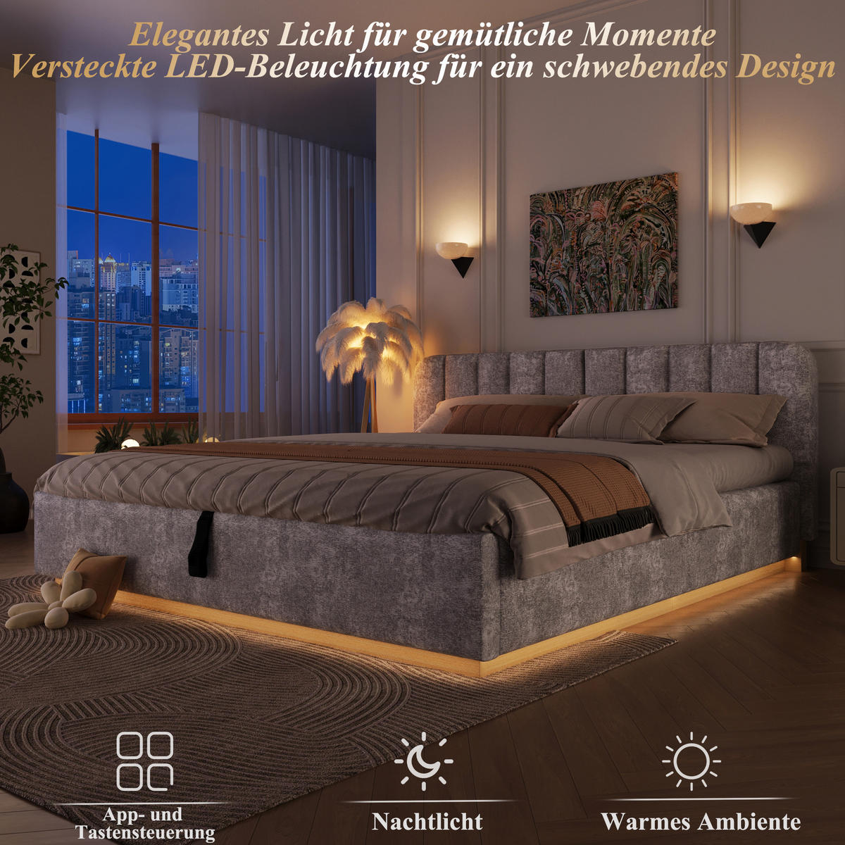 POLSTERBETT 180x200cm Hydraulik LED Chenille Beige - Beige, Holzwerkstoff (180/200cm) - FLIEKS
