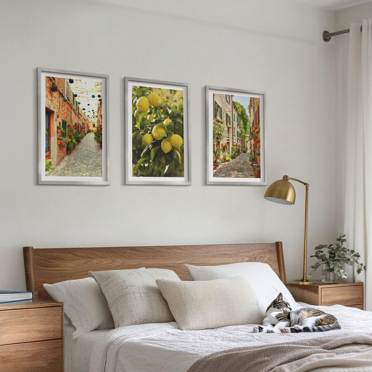 WANDBILDER 3er Set - 40x60 cm Silberner Rahmen - Straßen mit Zitronenblüten im Hintergrund - Silberfarben, Kunststoff (40/60cm) - ArtPrintCave