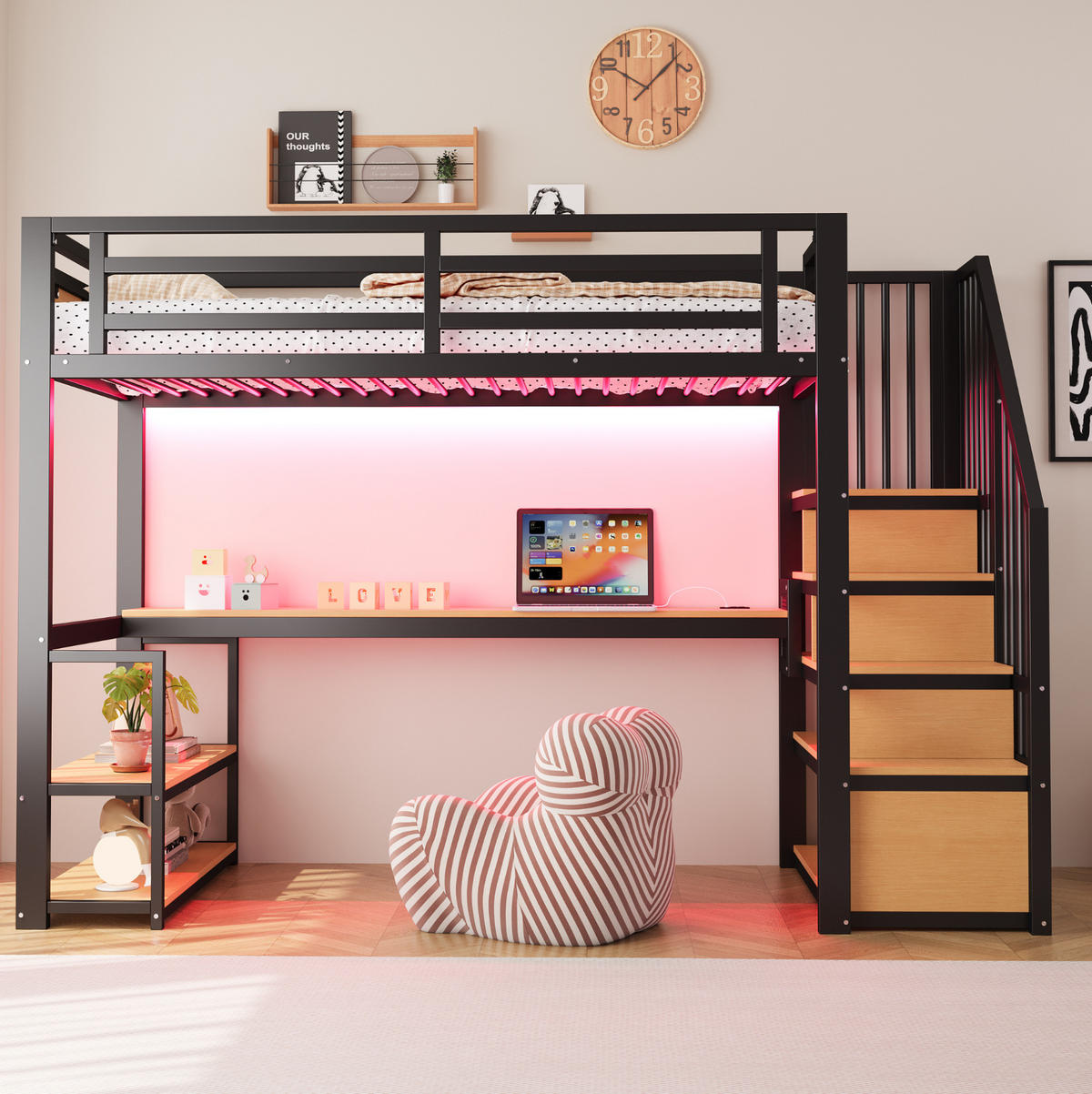 HOCHBETT 90/200 cm aus MDF und Metall mit Stauraumtreppe, Regal und Tisch Schwarz - Schwarz, Metall (90/200cm) - Modenvie