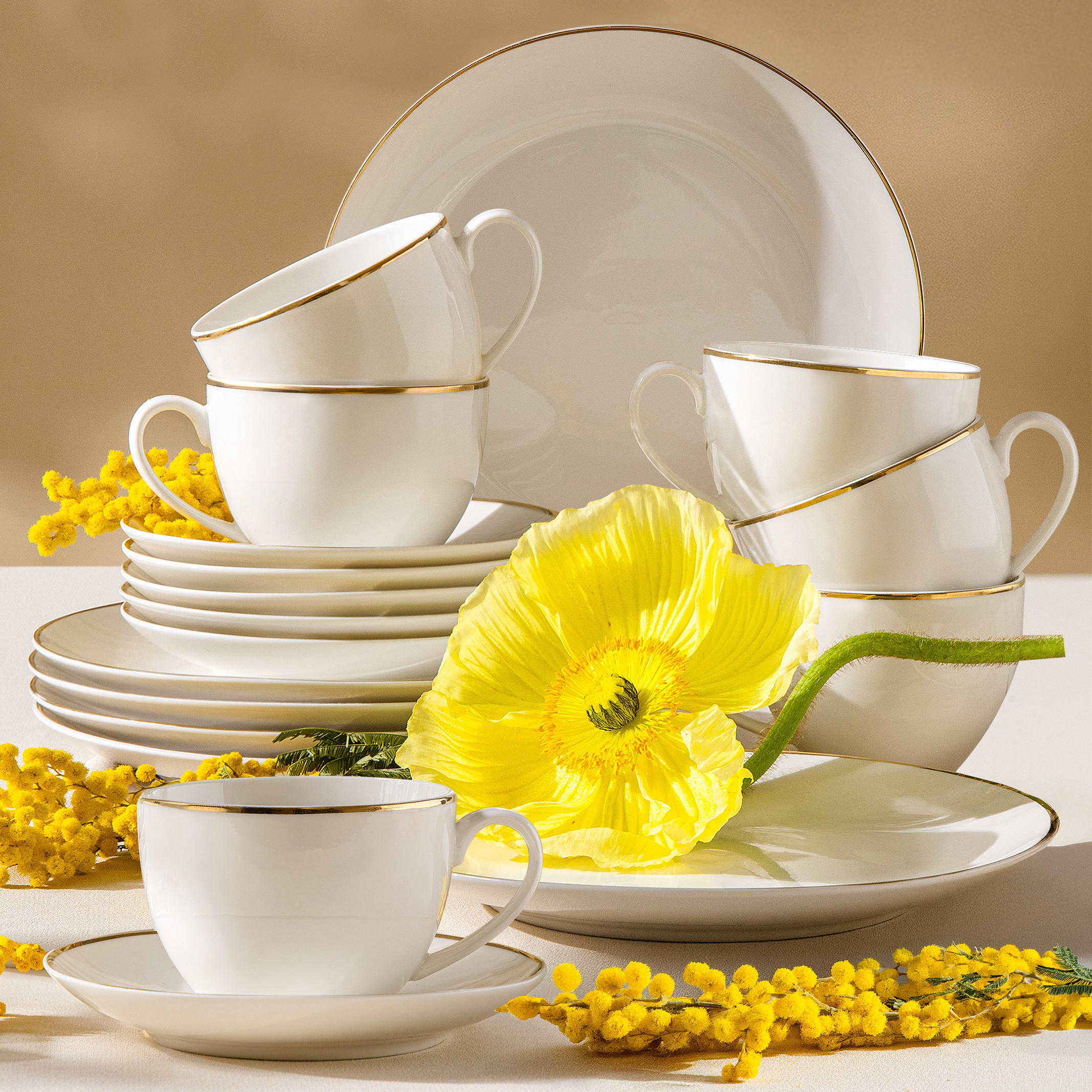 KAFFEESERVICE AD BELLA, 6 Personen, 18-tlg - Ecru/Goldfarben, Keramik (20/8/20cm) - KONSIMO®